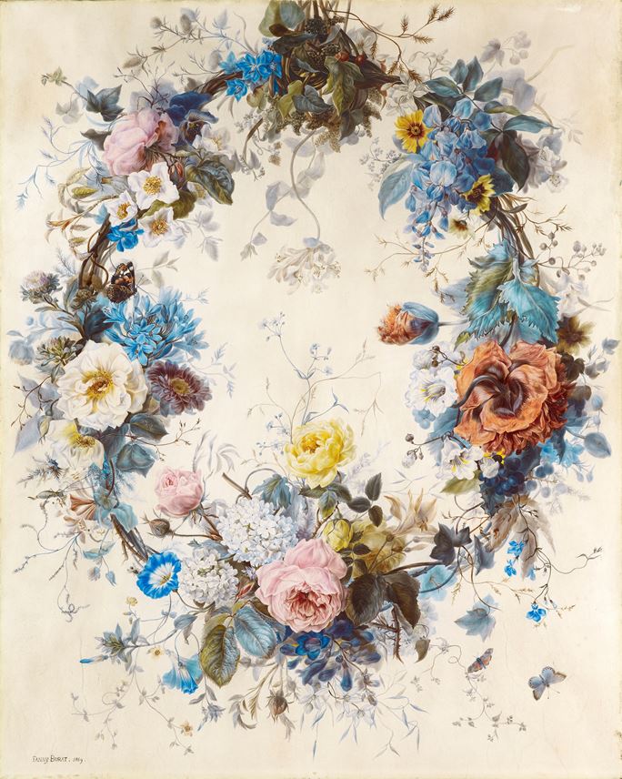 Fanny Burat - A sumptuous hanging garland of flowers including roses and a peony | MasterArt